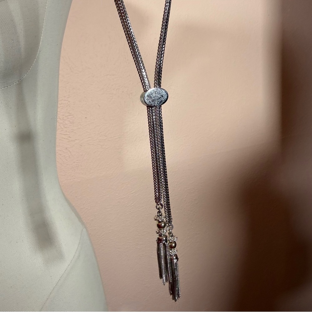 Monet 1960’s Silver Modernist Minimalist Lariat Necklace Bolo tie tassels - Picture 15 of 17